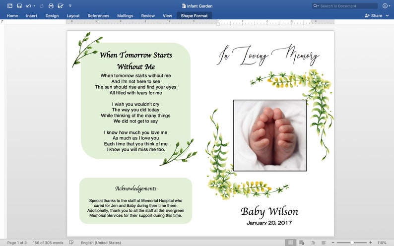Funeral Program Template Watercolor Greenery Funeral Miscarriage ...