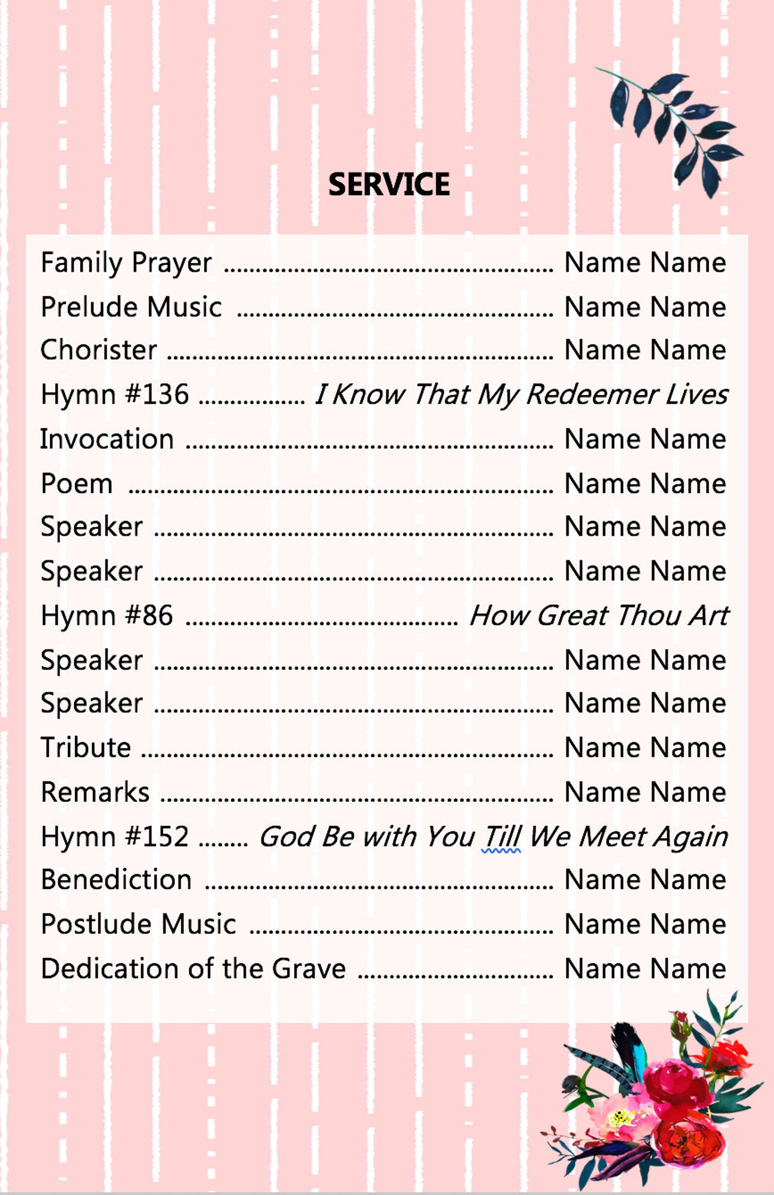 LDS Soft Pink Funeral Program Template Celebration of Life Editable LDS Soft Pink Funeral Program Template Celebration of Life Editable
