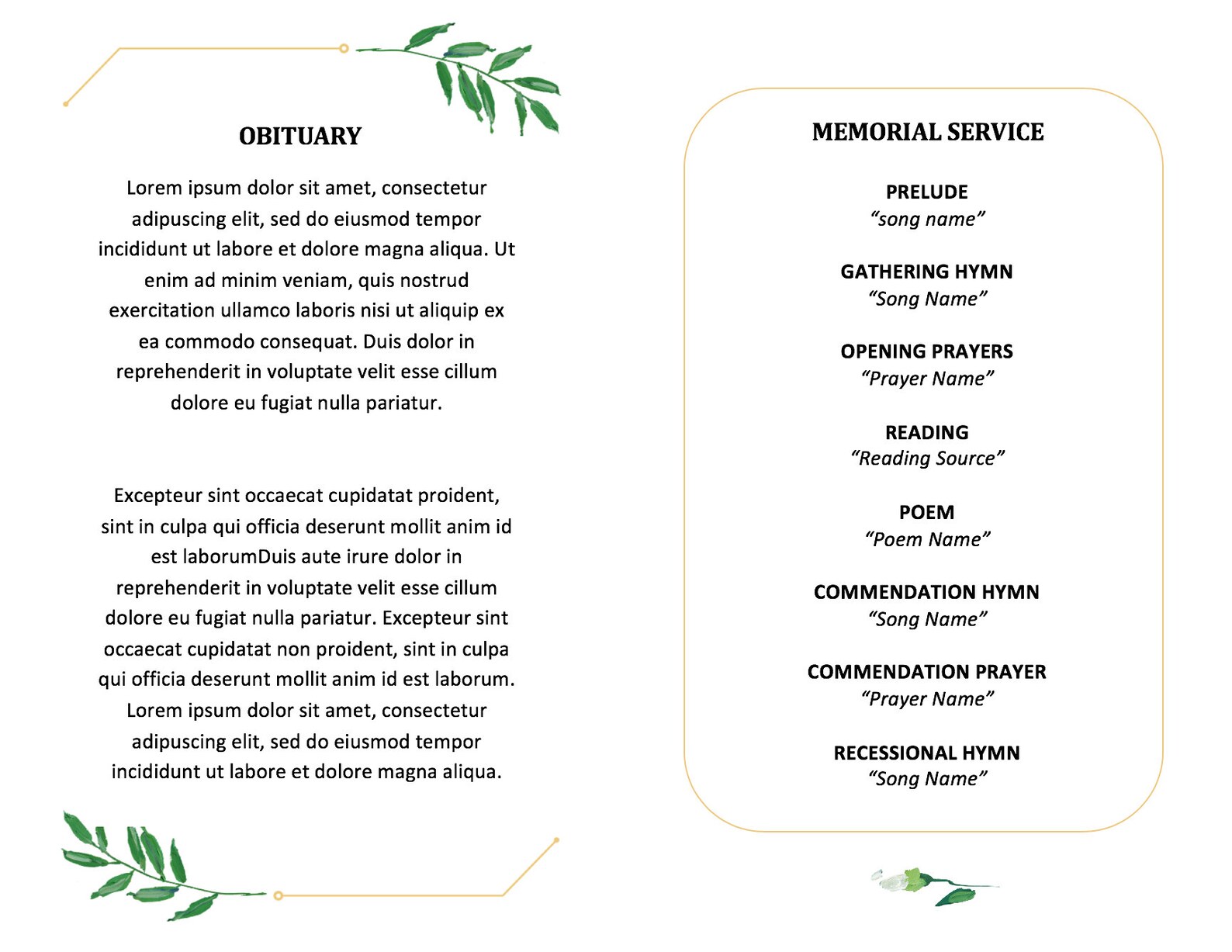 Infant Funeral Program Template Obituary Baby Funeral Simple Leaves ...