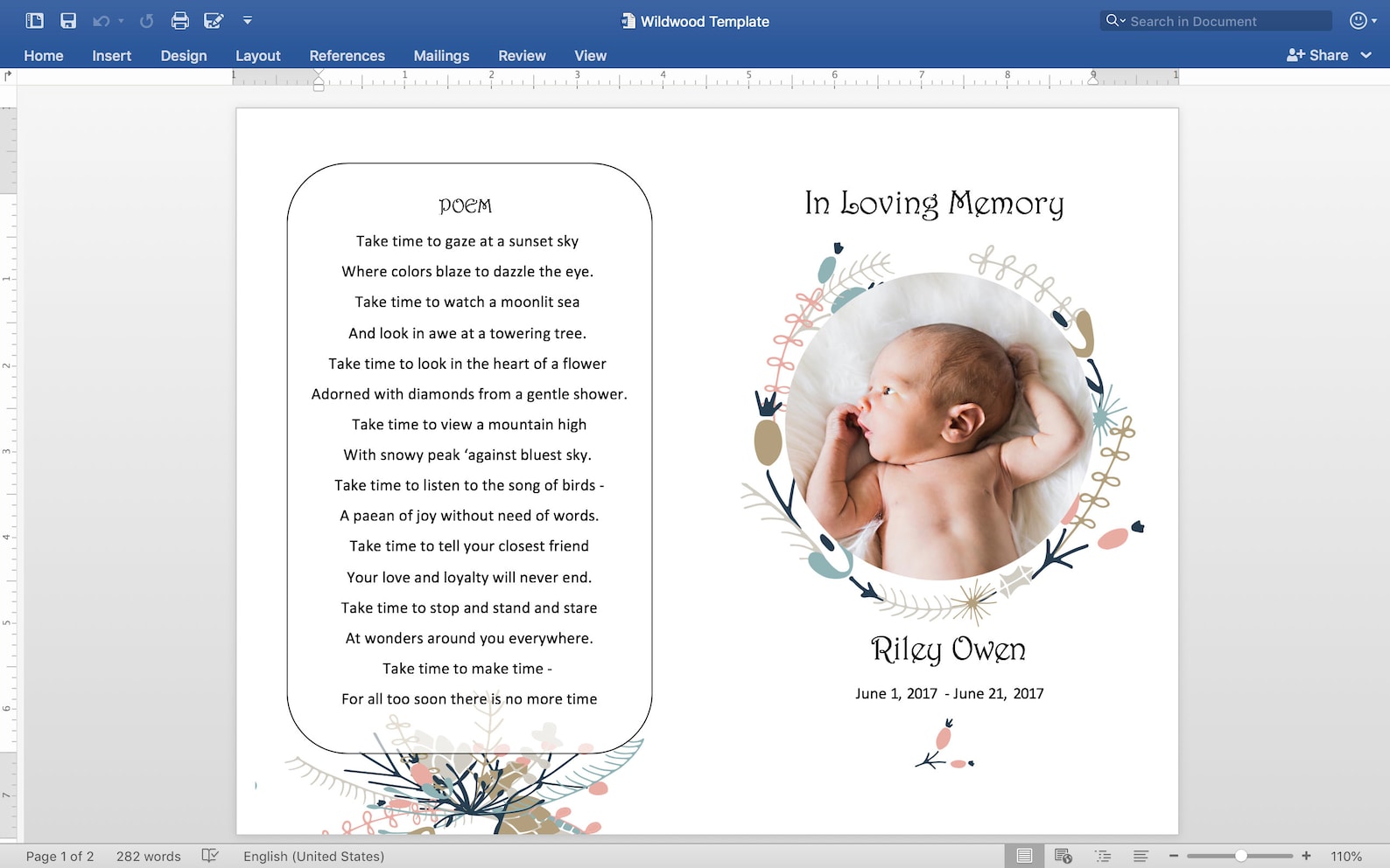 Baby Funeral Program Microsoft Word Template Baby Memorial Etsy