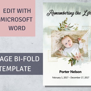 May include: A 4-page bi-fold template for remembering a life. The template features a watercolor background with a gold frame and a photo of a baby. The text "Remembering the Life" is at the top of the page, and the name "Porter Nelson" and the dates "February 1, 2017 - December 17, 2017" are below the photo.