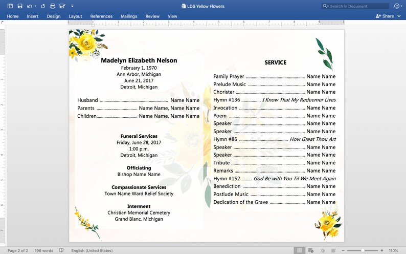 LDS Funeral Program Template Celebration of Life the Church of Jesus ...