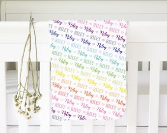 Personalised Custom Rainbow Baby Newborn Boy Girl Kids Name Fleece Minky Sherpa Blanket, Hospital Coming Home Swaddle Receiving Blanket