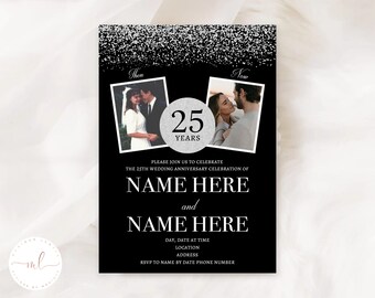 Personalised Printed Then and Now 25th Wedding Anniversary Invitations, Silver Anniversary Invitations, 25th Wedding Anniversary Invites