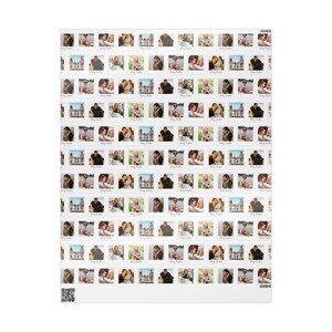 May include: A sheet of wrapping paper covered in small, square photographs. The photos depict couples, families, and individuals in various poses. The words "Merry Christmas" are printed on each photo. The background is white.
