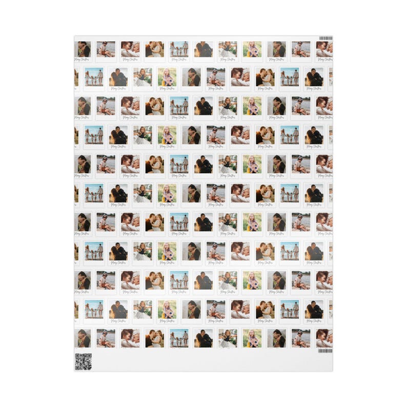 May include: A sheet of wrapping paper covered in small, square photographs. The photos depict couples, families, and individuals in various poses. The words "Merry Christmas" are printed on each photo. The background is white.