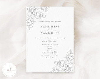 Printed Personalised Elegant Botanical Floral Wedding Invitation, Floral Wedding Invitation, Wedding Invite, Minimalist Wedding Invitation