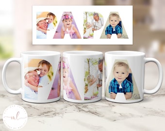 May include: Three white mugs with the word "PAPA" spelled out in large letters. Each letter is filled with a different photo of a family.