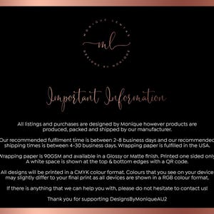 May include: A black background with rose gold text and accents. The text includes the words "Important Information" and details about the product design, production, and shipping. A logo with the letters "ml" is at the top.