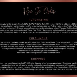May include: A black and rose gold graphic with the text "How To Order" at the top. The text describes the purchasing, fulfillment, and shipping processes. The email address moniquelewtas@hotmail.com is also included.