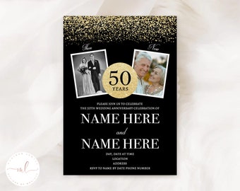 Personalised Printed Then and Now 50th Black and Gold Wedding Anniversary Invitations, 50th Wedding Anniversary Invites, Golden Anniversary