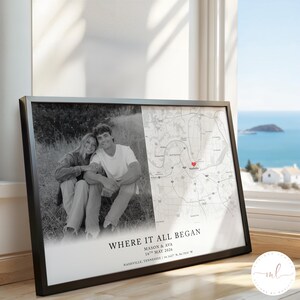 May include: A framed rectangular print featuring a black and white photograph of a couple sitting in grass next to a map of Nashville with a red heart icon. The text reads WHERE IT ALL BEGAN, MASON & AVA, 16TH MAY 2026, NASHVILLE, TENNESSEE.