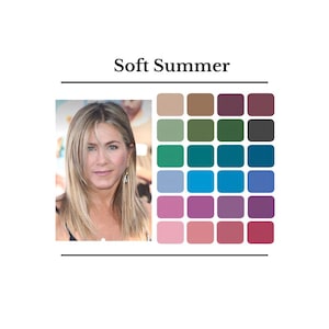 以下が含まれることがあります： 「Soft Summer」と題されたカラーパレットチャート。左側にブロンドの髪の人物の写真、右側にピンク、紫、青、緑、茶色、灰色の様々な色合いを含む30色のカラーチップのグリッドが表示されています。