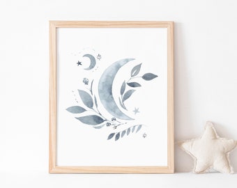 Floral Crescent Moon Watercolor Giclee Art Print
