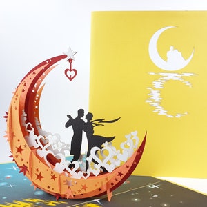 Couple on the Moon Card Pop Up Kirigiami 3D Cards Handmade uniqe  Birthday, Wedding, Baby shower, anniversary, father's day LOVE !!