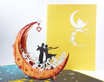 Pareja en la Luna Tarjeta Pop Up Kirigiami Tarjetas 3D Hechas a mano uniqe Cumpleaños, Boda, Baby shower, aniversario, día del padre AMOR !!