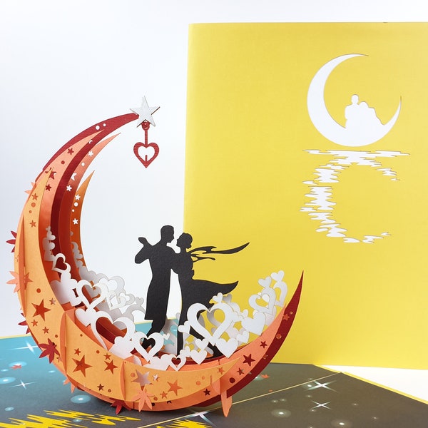 Couple on the Moon Card Pop Up Kirigiami Cartes 3D Handmade uniqe Anniversaire, Mariage, Baby shower, anniversaire, fête des pères AMOUR !!