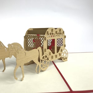 Biglietto d'auguri Pop Up Kirigiami 3D con carrozza trainata da cavalli, biglietti unici fatti a mano per compleanni, matrimoni, baby shower, anniversari, festa del papà, festa della mamma,