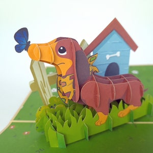 Dachshud Dog Pedegree Pop Up Kirigiami 3D Cards Ręcznie robione unikatowe Urodziny, Ślub, Baby shower, rocznica, Dzień Ojca, Dzień Matki,