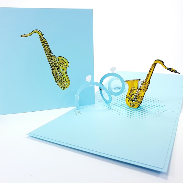 Saxophoniste Jazz Music Pop Up Kirigiami 3D Cartes Handmade uniqe Birthday, Mariage, Baby shower, anniversaire, fête des pères, fête des mères, s