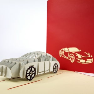 Biglietti d'auguri Kirigiami 3D Pop-Up a forma di auto sportiva argentata, unici e fatti a mano, per compleanni, matrimoni, baby shower, anniversari, festa del papà e festa della mamma.