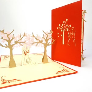Para pod kwitnącą wiśnią Karta Pop Up Kirigiami 3D Karty Ręcznie robione unikatowe Urodziny, Ślub, Baby shower, rocznica, Dzień Ojca
