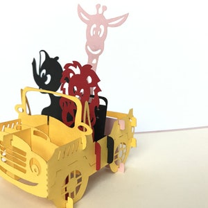 Zoo Car pop up Kirigiami karty 3D Handmade UNIQE urodziny, wesele, baby shower, rocznica, dzień ojca, dzień matki, Seaso