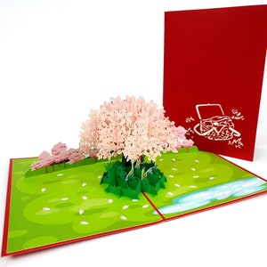 Picnic Cherry Blossom Tree Flower Pop Up Kirigiami 3D Cartes Handmade uniqe Anniversaire, Mariage, Anniversaire, fête des pères, fête des mères