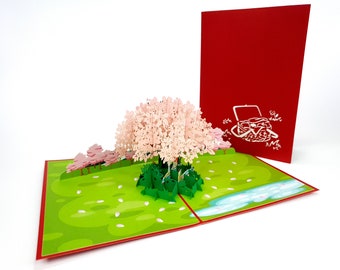 Picknick Kirschblüte Baum Blume Pop Up Kirigiami 3D Karten handgemachte Uniqe Geburtstag, Hochzeit, Jahrestag, Vatertag, Muttertag