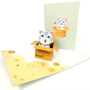Cat in Box Pop Up Kirigiami 3D Cards Handmade uniqe Compleanno, Matrimonio, Baby shower, anniversario, festa del papà, festa della mamma, stagionale