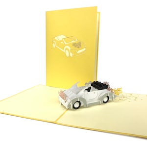Just Married Car Pop Up Kirigiami 3D-kaarten Handgemaakte unieke Verjaardag, Bruiloft, Babyshower, jubileum, vaderdag, moederdag, seizoensgebonden