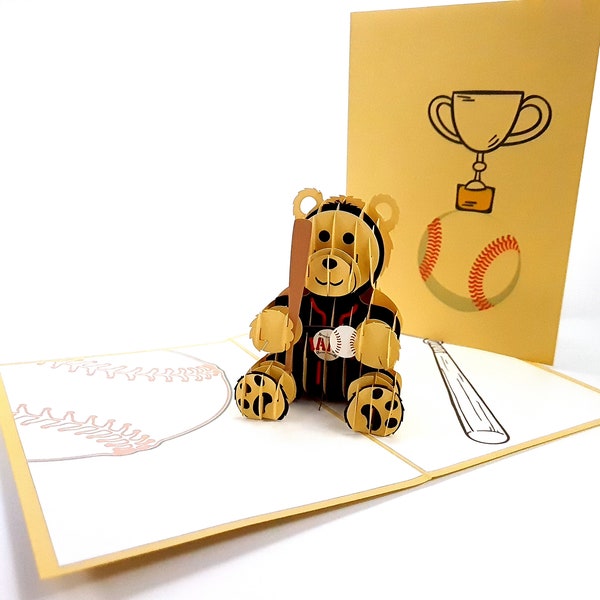 Baseball Bear Pop Up Kirigiami 3D Cards Handmade uniqe Anniversaire, Mariage, Baby shower, anniversaire, fête des pères, fête des mères, saisonnier