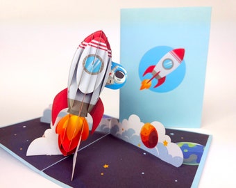 Raumschiff Rakete Pop Up Kirigiami 3D Karten Handmade Unikat Geburtstag, Hochzeit, Baby Shower, Jubiläum, Vatertag, Muttertag
