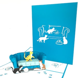 Cats On Sofa Pop Up Kirigiami 3D Kaarten Handgemaakte unieke Verjaardag, Bruiloft, Babyshower, jubileum, vaderdag, moederdag
