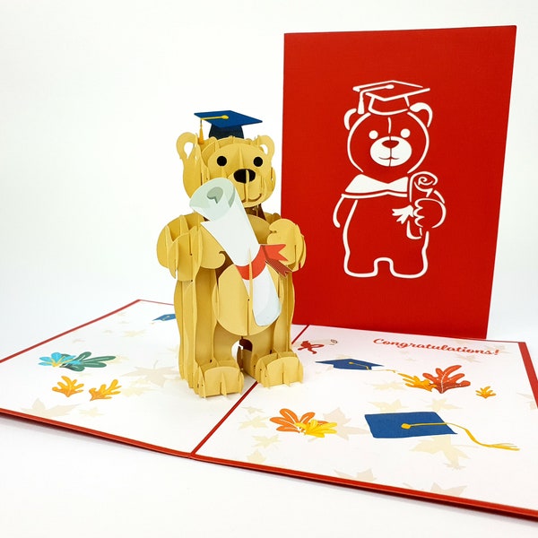 L’obtention du diplôme féliciter ours Pop Up Kirigiami 3D cartes fait main uniqe anniversaire, mariage, Baby shower, anniversaire, fête des pères