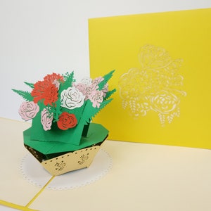 Rose vaas bloeiende bloemen Pop Up Kirigiami 3D kaarten handgemaakte verjaardag, bruiloft, Baby shower, verjaardag, Vaderdag, Moederdag,