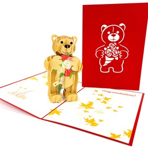 Ours de nounours avec la fleur de roses pop up kirigiami cartes 3D faites main uniqe anniversaire, mariage, douche de bébé, anniversaire, fête des mères