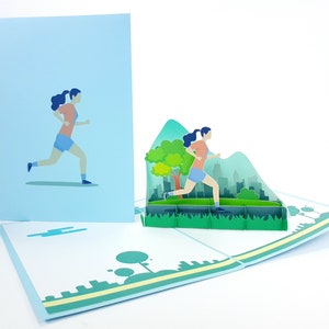 Vrouw Running Jogging Marathon Pop Up Kirigiami 3D-kaarten Handgemaakte uniqe verjaardag, Bruiloft, Baby douche, verjaardag, vaderdag, moeder's