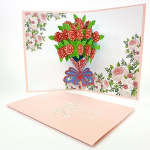 Rose Vaas bloemen Pop Up Kirigiami 3D kaarten handgemaakte verjaardag, bruiloft, Baby shower, verjaardag, Vaderdag, Moederdag, seizoensgebonden