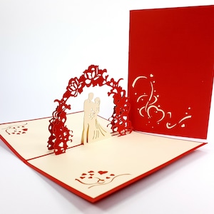 Matrimonio Red Arch Pop Up Kirigiami 3D Carte fatte a mano uniqe Compleanno, Matrimonio, Bambino doccia, anniversario, giorno del padre,
