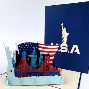 USA skyline Liberty standbeeld NY pop-up Kirigiami 3D-kaarten handgemaakte unieke verjaardag, bruiloft, baby shower, verjaardag, Vaderdag