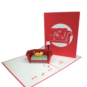 Kat op Bank rode Pop Up Kirigiami 3D kaarten handgemaakte uniqe verjaardag, bruiloft, Baby shower, verjaardag, Vaderdag, Moederdag