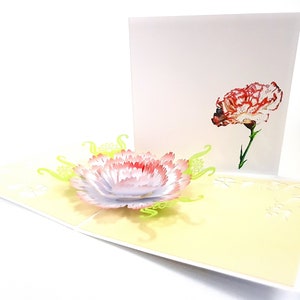 Goździk Kwiat Pop Up Kirigiami 3D Karty Ręcznie robione unikatowe Urodziny, Ślub, Baby Shower, rocznica, Dzień Ojca, Dzień Matki