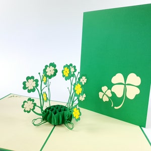 Trèfle St. Patric fleurs pop up Kirigiami 3D cartes d’anniversaire à la main, mariage, anniversaire, fête des pères, fête des mères, saisonnier