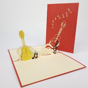 Czerwona gitara Pop Up Kirigiami 3D karty Ręcznie robione unikalne Urodziny, ślub, Baby shower, rocznica, dzień ojca, dzień matki, sezonowe