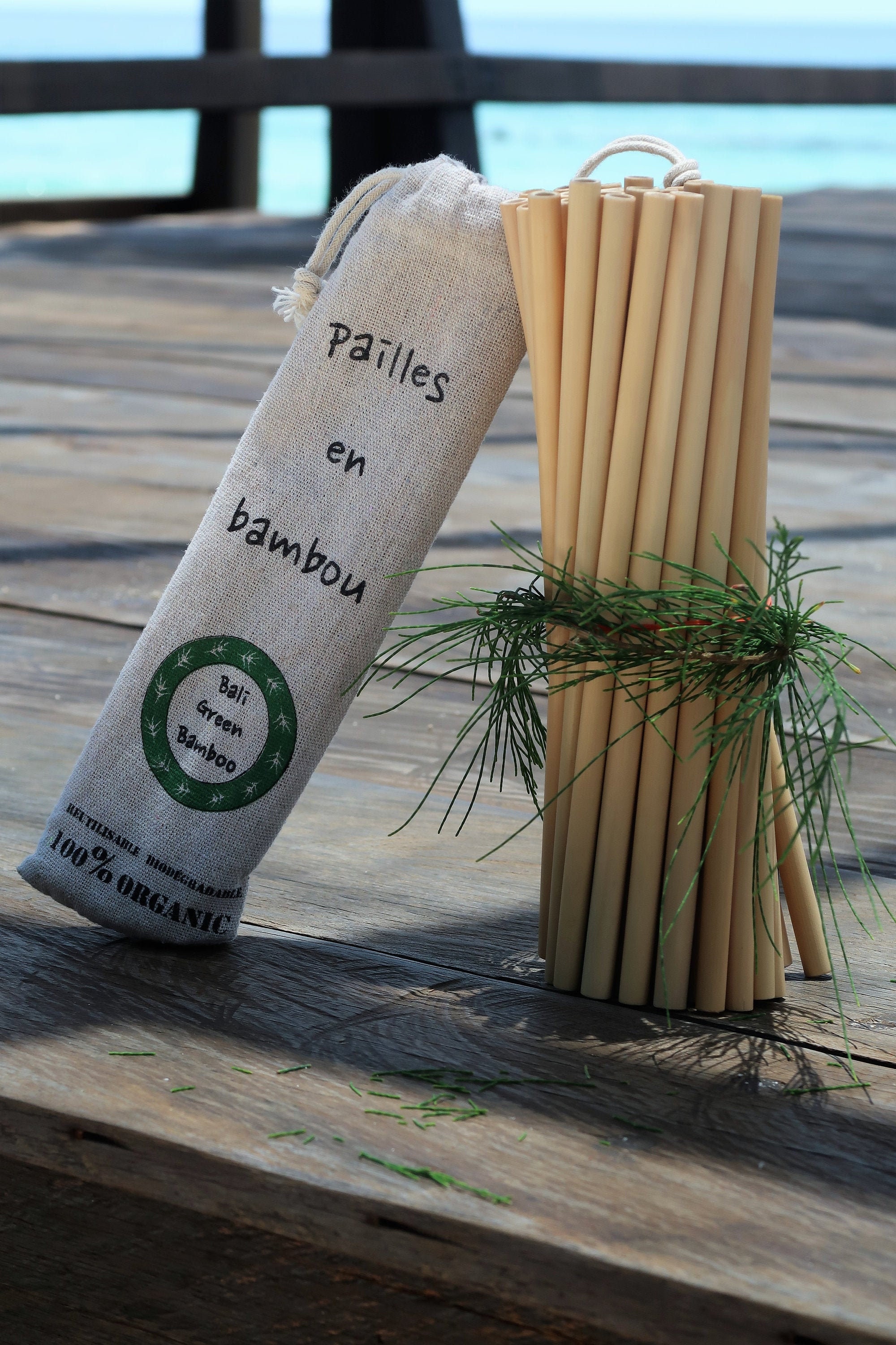 Pailles en Bambou - Pochon de 6 Pailles 22 cm -2 14cm- 1 Goupillon Nettoyage Pocket Bamboo Straws