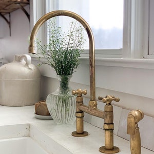 Unlacquered Brass Bridge Kitchen Sink Faucet, Antique Brass, Vintage Brass Faucet