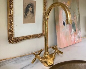 Gooseneck Bathroom Vanity Solid Brass Faucet, Unlacquered Brass with Flat Cross Handles & Aerator