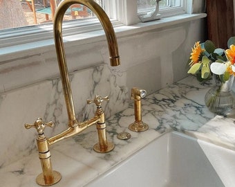 8" Brass Bridge faucet, Unlacquered Brass Faucet with Straight Legs & Simple Cross Handles