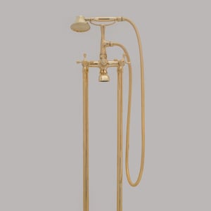 Unlacquered Brass Freestanding Tub Filler, Solid Brass Tub Faucet With Handheld, Floor Mount Bathtub Faucet
